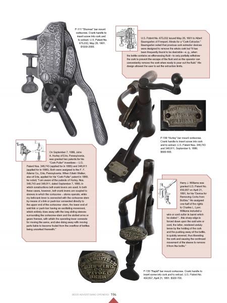 A catalog page displays four vintage Advertising Openers by Schiffer Publishing, Ltd., each shown with a close-up of its engraved label and text boxes detailing their patents and historical background.
