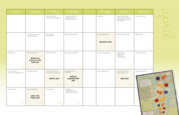 Celebrate the Day with Quilts by Schiffer Publishing, Ltd. features an April calendar of holidays like Earth Day, Golfer’s Day, DNA Day, plus unique quilting events. Includes a photo of a DNA model in the lower right corner.