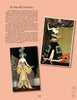 A peach-colored page from Schiffer Publishing, Ltd.'s Art Nouveau & Art Deco Fashion Postcards features text about M. Mondeoro and two vintage postcards of women in ornate, stylish Art Deco costumes.