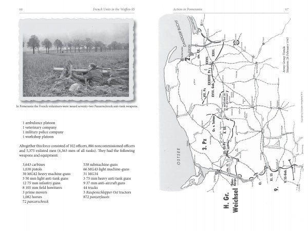 A black-and-white page from "French Units in the Waffen-SS" (Schiffer Publishing, Ltd.) shows soldiers—likely from the Charlemagne Division—near trees, and a WWII map labeled H. Gr. Weichsel with detailed units and equipment listings.