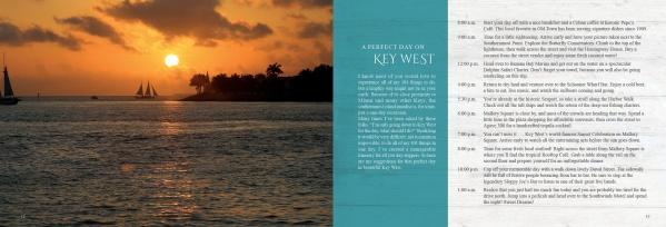 A sunset over calm ocean waters with a sailboat on the left and silhouetted trees on the horizon. On the right, blue background text describes Schiffer Publishing, Ltd.'s "101 Things to Do in Key West," a Florida island paradise guide.