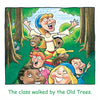 A cheerful teacher guides excited kids on a forest walk by tall, old trees. Text: The class walked by the Old Trees in "Are You Sure that Was a Rabbit?" from Schiffer Publishing, Ltd., an early reader picture book.