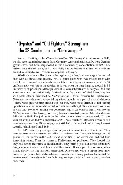 A page from *The SS-Sonderkommando Dirlewanger: A Memoir* by Schiffer Publishing, Ltd. describes new recruits, harsh conditions, and the diverse backgrounds within the infamous WWII anti-partisan unit.