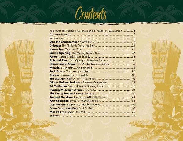 Tropical tiki-themed table of contents for Schiffer Publishing’s "Mai-Kai," featuring chapters like Don the Beachcomber: Godfather of Tiki and The Dairy Delivery, bordered by tiki statues and palm tree silhouettes.