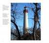 The Cape May Lighthouse from Schiffer Publishing, Ltd. stands tall with a red top above leafless trees and dark branches, set against a clear blue sky—a vivid tribute to lighthouse history.