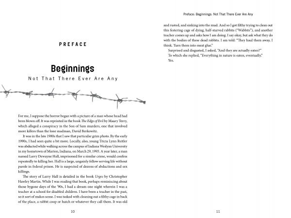 An open spread of "Notorious Crimes of the Upper Midwest" by Schiffer Publishing, Ltd. displays "Preface above Beginnings: Not That There Ever Are Any" with barbed wire art and text delving into curiosity, nature, and hints of Midwest true crime stories.