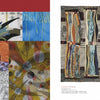 A two-page spread from Schiffer Publishing, Ltd.'s "Art Quilts International" features six vibrant abstract quilt panels on the left, and a tall, wavy blue and brown quilt by renowned artist Rosemary Hoffenberg on the right.
