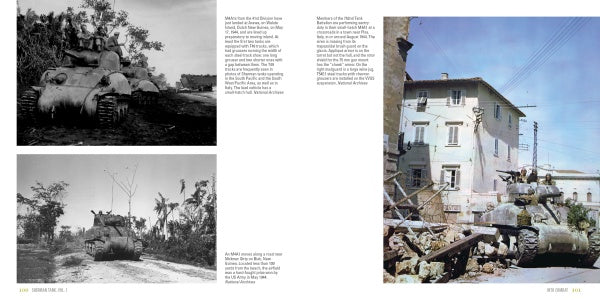 A two-page spread from "Sherman Tank Vol. 1" by Schiffer Publishing, Ltd. features three WWII Sherman tank photos: two black-and-white images in rural settings (left) and a color photo of an M4A1 tank near a damaged building (right).