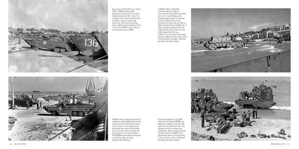 Four black-and-white photos from Schiffer Publishing, Ltd.'s "The GMC DUKW" show WWII amphibious tanks, DUKW vehicles, and landing craft unloading troops and vehicles on a beach, with text describing tank operations.