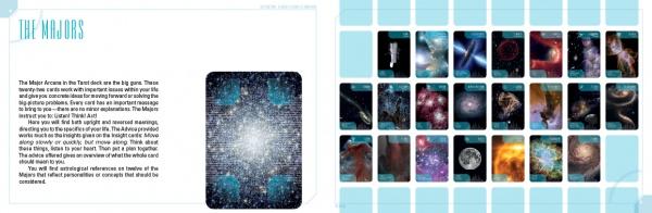 A two-page spread from First Light Tarot by Schiffer Publishing, Ltd. shows Major Arcana card descriptions on the left and 22 cosmic-themed cards from the 66-card deck on the right, each featuring celestial or astronomical imagery.