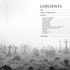 A misty cemetery dotted with gravestones fills the foreground. On the right, the table of contents for "Ghost Hunting in Michigan" by Schiffer Publishing, Ltd. lists chapters and pages on cemeteries and investigations.