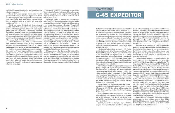 An open book titled "US Army Twin Beeches" by Schiffer Publishing, Ltd. shows two dense text pages; the right is headed “CHAPTER ONE: C-45 EXPEDITOR” in blue, discussing the history and specs of US Army Beech aircraft. No images are included.