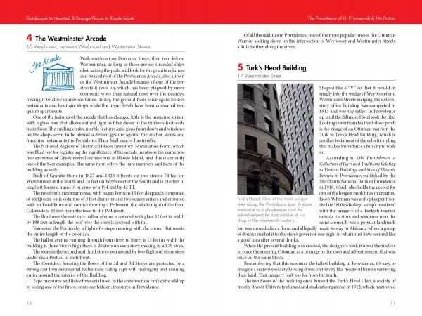 A page from Schiffer Publishing's Guidebook to Haunted & Strange Places in Rhode Island and Surrounds features The Westminster Arcade and Turks Head Building, with a black-and-white photo of the tall, arched-windowed landmark.