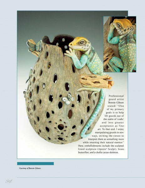 The Creative Embellishments for Gourd Art by Schiffer Publishing, Ltd. features a detailed gourd vase with a colorful sculpted lizard climbing among holes and branches; the inset shows the lizard’s face. Artist info is on the right.