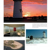 Massachusetts Lighthouses" by Schiffer Publishing, Ltd. showcases collages of a sunset-lit lighthouse, lantern room views over a harbor, a snowy beacon, and aerial shots by sandy shores with boats, capturing rich maritime history.