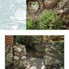 Two photos from "Built with Stone" by Schiffer Publishing, Ltd. display a rustic house and garden wall, where stones, sticks, and branches are artistically arranged to blend with the wooden home and landscaped garden.