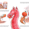 Inspired by "The Bravest Knight Who Ever Lived" (Schiffer Publishing, Ltd.), this illustration shows a knight feeding pumpkin shells to a red dragon as its belly expands—gold coins scattered around evoke an LGBTQIA+ fairytale adventure.
