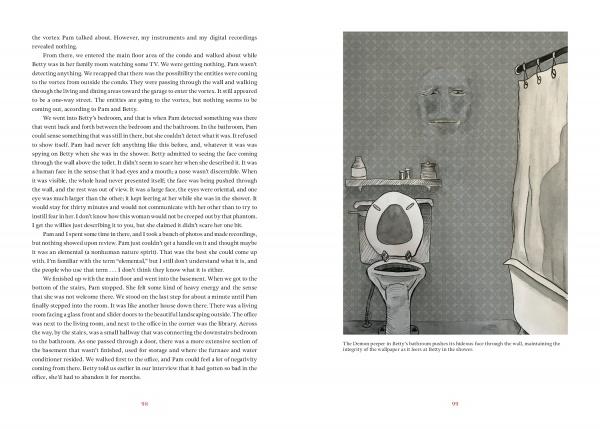 A two-page spread from “Demons” by Schiffer Publishing, Ltd.: The left page shows two-column text on exorcism techniques; the right depicts a bathroom with a raised toilet seat, toilet paper, shelf items, and a shower curtain—hinting at demon hunters.