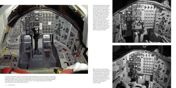 Three photos of the B-58 Hustler cockpit from Schiffer Publishing, Ltd.: the main color image shows detailed instrumentation, and two smaller images are in black and white.