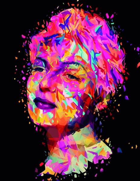ARTtitude by Schiffer Publishing, Ltd. is a vibrant digital portrait inspired by contemporary graphic arts, depicting a woman's face from bold abstract shapes in vivid pinks, purples, oranges, yellows, and blues on a black background.