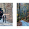 Side-by-side photos from "Lancaster County: A Keepsake" by Schiffer Publishing, Ltd.: left—two people in a horse-drawn buggy on a tree-lined road; right—a winding forest road amid tall, colorful autumn trees.