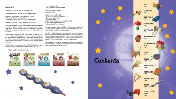 A two-page spread from Cardboard by Schiffer Publishing, Ltd.: Left page shows copyright info and toy images; right page features a contents list on purple with yellow stars, highlighting colorful, fun five-step toy projects for fine motor skills.