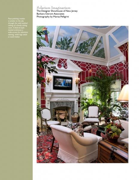 Experience luxurious living room inspiration with Showhouses 2 by Schiffer Publishing, Ltd.—discover red patterned walls, a white fireplace, elegant furnishings, leafy plants, and vaulted ceilings painted with tropical artistry by top designers.