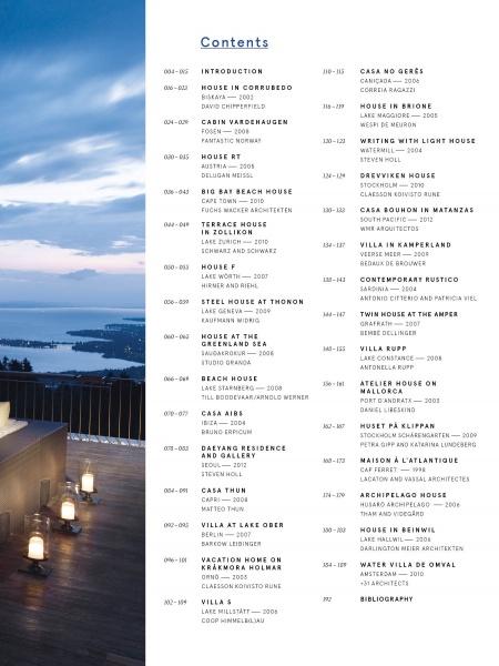 The contents page of Dream Houses on the Water (Schiffer Publishing, Ltd.) features waterfront homes and modern projects with indexed pages, alongside a dusk view of lantern-lit decks, lakeside houses, and rolling hills.