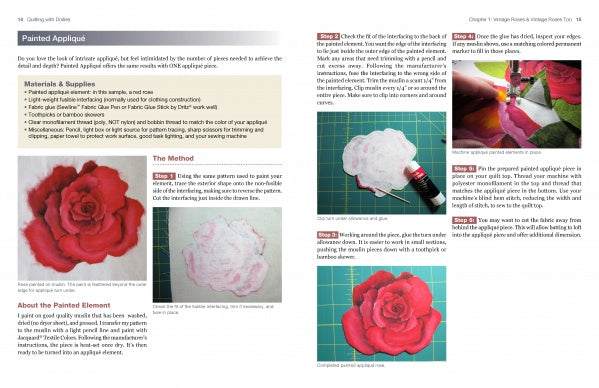 A page from "Quilting with Doilies" by Schiffer Publishing, Ltd. details steps for making a painted rose appliqué, with a materials list, paint techniques, a template, step-by-step photos, and close-ups—perfect for vintage sewing projects.