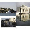 A collage of three images from Schiffer Publishing, Ltd.'s "Houseboats": a white ferry near hillside houseboats, a close-up of waterfront columns reflected in water, and a side view of the same building by the shore.
