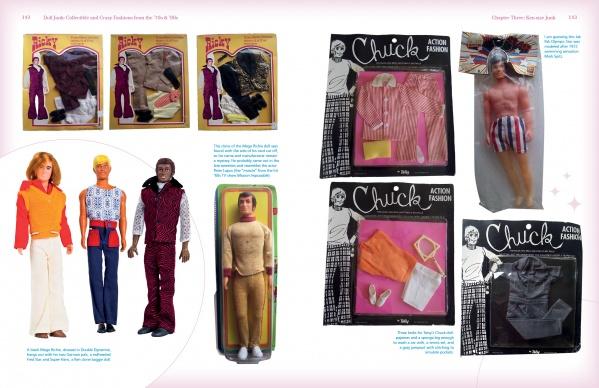 A two-page spread from Schiffer Publishing’s "Doll Junk" showcases vintage male fashion dolls—boxed and unboxed—in assorted outfits, plus vintage doll outfits and Chick Action Fashion sets reminiscent of 1980s Barbie styles.