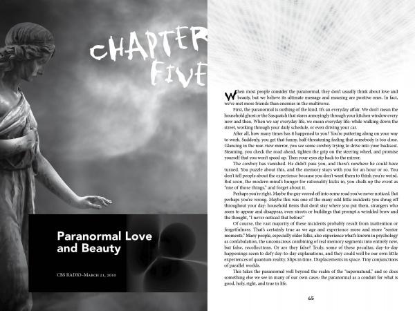 A two-page book spread: the left page features a grayscale statue of a woman and "Behind the Paranormal" by Schiffer Publishing, Ltd.; the right page, titled Chapter Five in a ghostly font, hints at investigators exploring paranormal cases.
