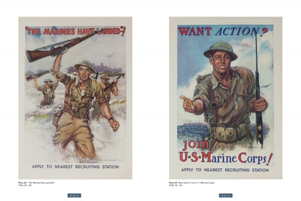 World War II Posters by Schiffer Publishing, Ltd.: One features Marines charging a beach; the other shows a confident Marine with troops and ships behind him. Both vivid images urge enlistment in the U.S. Marine Corps.