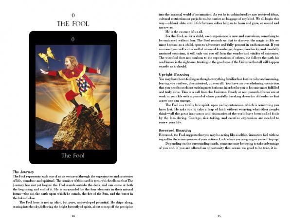 A card from the Pagan Ways Tarot by Schiffer Publishing, Ltd. titled The Fool shows a youth in vibrant clothes on a cliff’s edge with a dog and bag, accompanied by text explaining the card’s meaning.