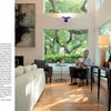 A man relaxes in a sunlit, modern living room with large windows, holding his rescue dog. Surrounded by art and contemporary decor, he enjoys the scene from "At Home with Dogs" by Schiffer Publishing, Ltd.