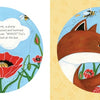 An illustration from "A Colorful Tail" by Schiffer Publishing, Ltd. shows a fox in a Giverny-inspired poppy field: a bumblebee buzzes near its ear on the left, while honey splashes as the fox swats the bee on the right.
