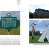 A spread in "Notorious New England" by Schiffer Publishing, Ltd. examines Betty and Barney Hill’s alien abduction, featuring haunted sites like a historic marker, forested mountain, white chairs facing peaks, and a grassy tipi with a wooden totem pole.