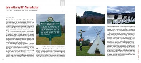 A spread in "Notorious New England" by Schiffer Publishing, Ltd. examines Betty and Barney Hill’s alien abduction, featuring haunted sites like a historic marker, forested mountain, white chairs facing peaks, and a grassy tipi with a wooden totem pole.