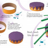 Create a five-step colorful paper drum with Schiffer Publishing, Ltd.'s Cardboard—featuring a purple top, orange rim, green paper “drumsticks,” and zigzag edging—shown in illustrated instructions to build fine motor skills.