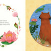 In "A Colorful Tail" by Schiffer Publishing, Ltd., a fox sits by a pond with water lilies, evoking a Giverny garden. Opposite is a summer quote, framed by cattails and pink flowers.