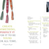 Three colorful woven tasseled bookmarks hang vertically on a white background beside a contents page from "Weaving Patterned Bands" by Schiffer Publishing, Ltd., featuring green and yellow text and a photo of hands weaving with dark blue and white threads.