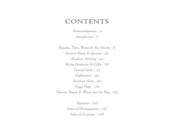 The Ever-Changing Coastline by Schiffer Publishing, Ltd. features a table of contents with sections like Acknowledgments, Introduction, geological formations, sunrises, beach photography, appendix, and indexes of photographers and locations with page numbers.