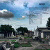 A cemetery with tombstones and cloudy skies, shot in Justice Howard’s style, with nearby power lines and trees. Table of contents text appears at the top right, evoking Voodoo Queen Bloody Mary's legacy. From Justice Howard's Voodoo by Schiffer Publishing, Ltd.