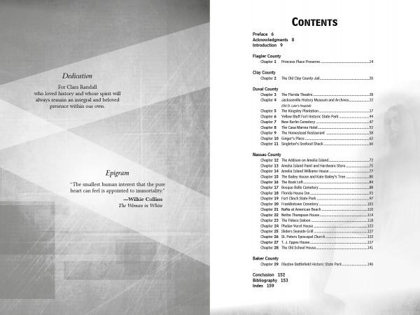 A grayscale book spread from "Women in White" by Schiffer Publishing, Ltd.: the left page shows a dedication to Clare Randall and a Wilkie Collins epigram, while the right lists haunted Florida chapters, including Women in White and northeast ghost stories.