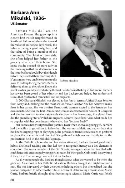 A biography page from Schiffer Publishing, Ltd.'s "Courageous Women of Maryland" features a black-and-white portrait of Barbara Ann Mikulski, highlighting her life, career as a US Senator, and advocacy for Maryland women and the Polish American community.