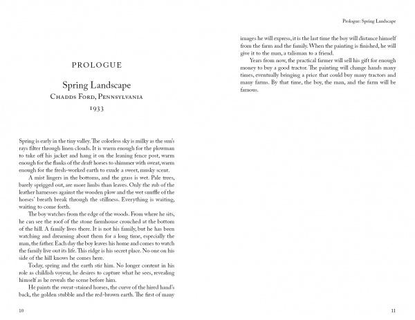 Prologue pages from Frozen Lives by Schiffer Publishing, Ltd. depict a rural spring scene in the Brandywine Valley with a boy and his father on a farm on the left page; the right page continues the narrative.