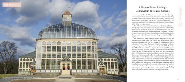 Wide-angle photo of the Howard Peters Rawlings Conservatory, a grand Victorian glass greenhouse beneath a partly cloudy sky, with text about Maryland's Public Gardens & Parks from Schiffer Publishing, Ltd. on the right.