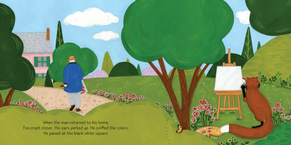 In "A Colorful Tail" by Schiffer Publishing, Ltd., a fox stands on its hind legs, gazing at a blank canvas in a Giverny garden as a man in blue walks toward a pink house amid vibrant trees, flowers, and grass in this children's book scene.