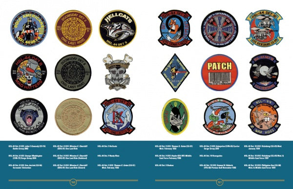 Schiffer Publishing, Ltd.’s United States Navy Helicopter Patches showcases vibrant patches in four rows, each with distinct animal and symbol designs above a blue band listing squadron names and codes—ideal for US Navy patch enthusiasts.