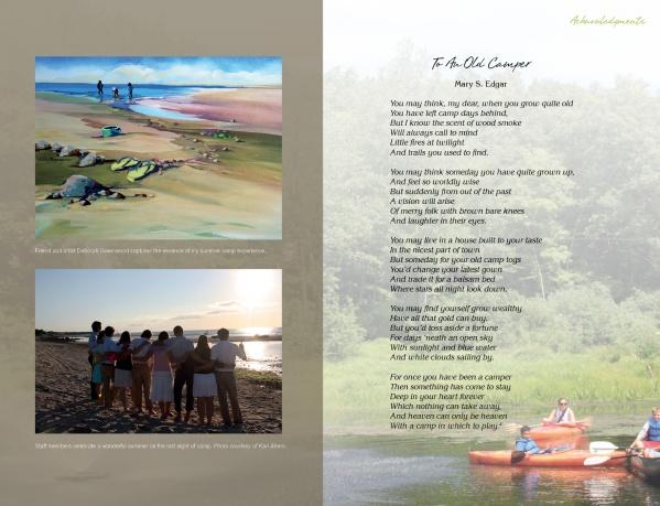 A two-page spread in *Hello Mother, Hello Father: Celebrating Summer Camp* (Schiffer Publishing, Ltd.) features the poem "To An Old Camper" with three classic camp photos: beach walk, sunset by the shore, and canoeing on a lake.